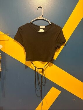 Royal Black Ribbed Cropped Wrap Waist Tee NWT